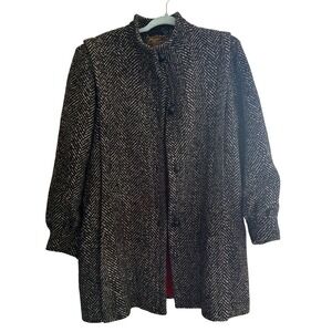 VTG Learsy 100% Wool Herringbone Coat Black White Red Lining Made in Uruguay 12